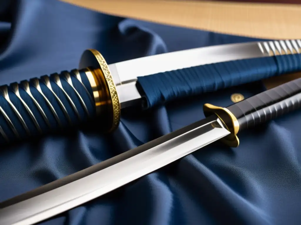 Detalle de katana samurái con hilt azul y tsuba grabada, iluminada por su significado en tema de venganza en películas samurái