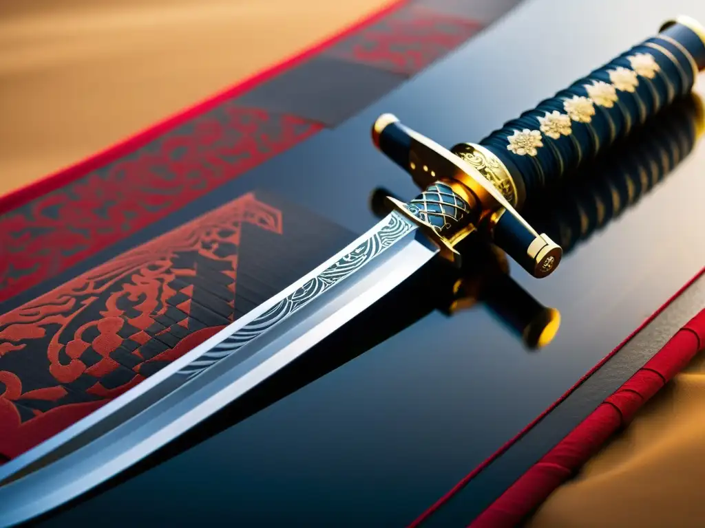 Detalle de katana samurái con filosofía Bushido, reflejando elegancia atemporal y destreza artesanal