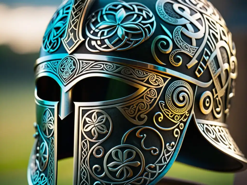 Detalle del casco de guerrero celta, símbolos intrincados en metal oscuro