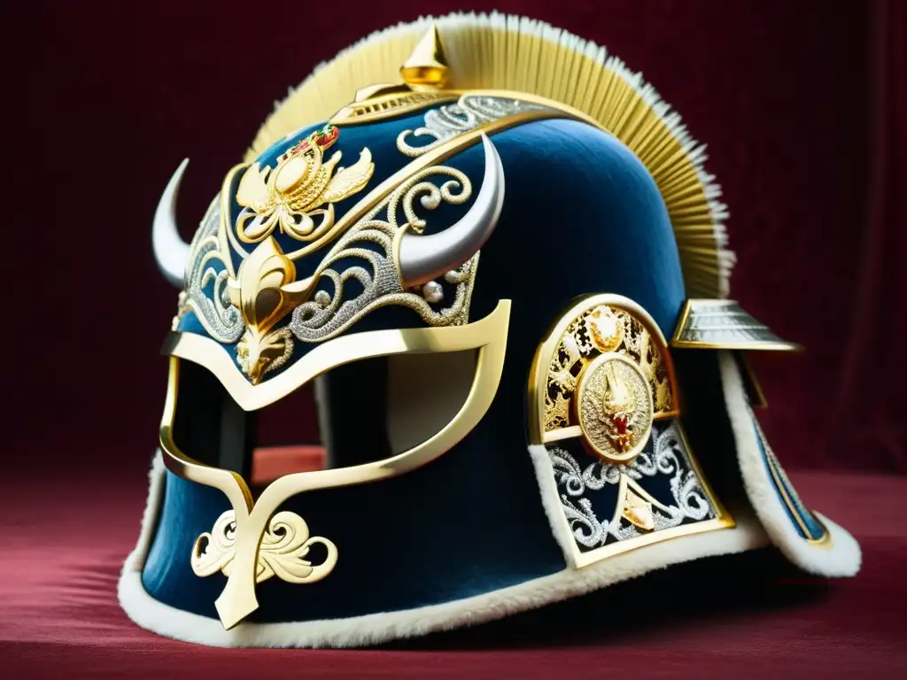 Detalle de casco samurái ricamente decorado con filigrana de oro y plata, que muestra criaturas míticas y batallas históricas