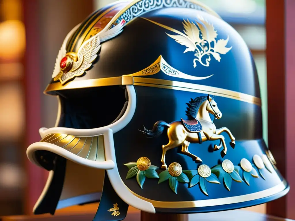 Detalle de un casco samurái con representaciones artísticas de caballos y halcones en el Japón feudal, simbolizando fuerza y libertad