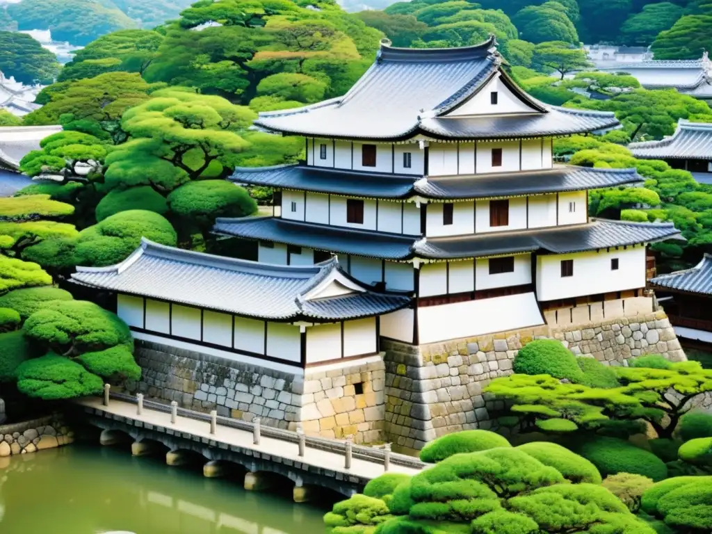 Detalle del Castillo de Himeji, ejemplo de castillos samurái en la era Azuchi-Momoyama, con su arquitectura defensiva y entorno natural