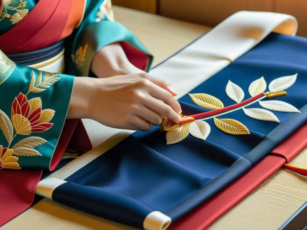 Detalle de cinturón obi japonés atado con precisión alrededor de un kimono, resaltando la artesanía y los colores vibrantes