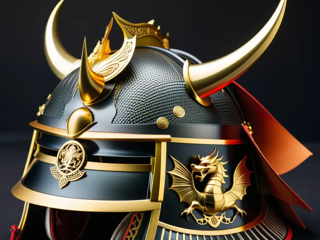 Exquisito kabuto samurái: detalle y artesanía Detalle de un kabuto samurái artísticamente elaborado con motivos de dragón y patrones grabados, destacando la artesanía en una atmósfera dramática