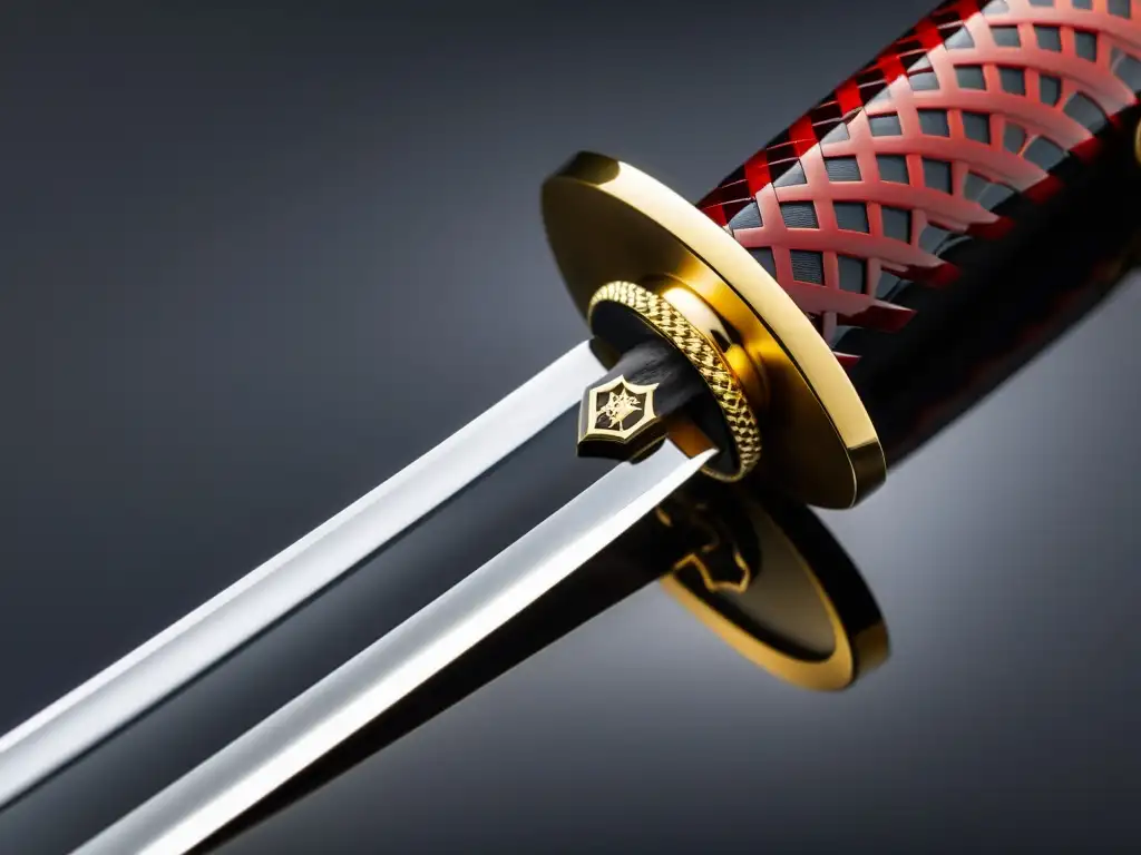 Detalle de una elegante katana japonesa con tsukaito rojo intenso y tsuba de cerezos en plata