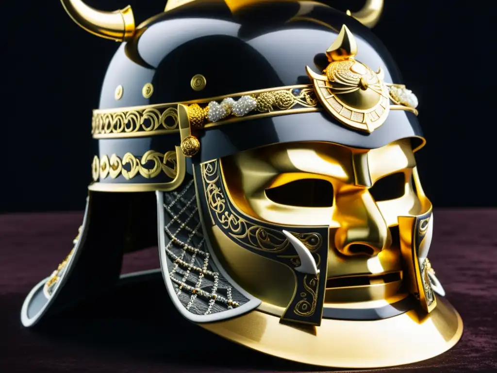 Detalle de un elegante kabuto samurái con adornos de oro y plata, sobre terciopelo oscuro