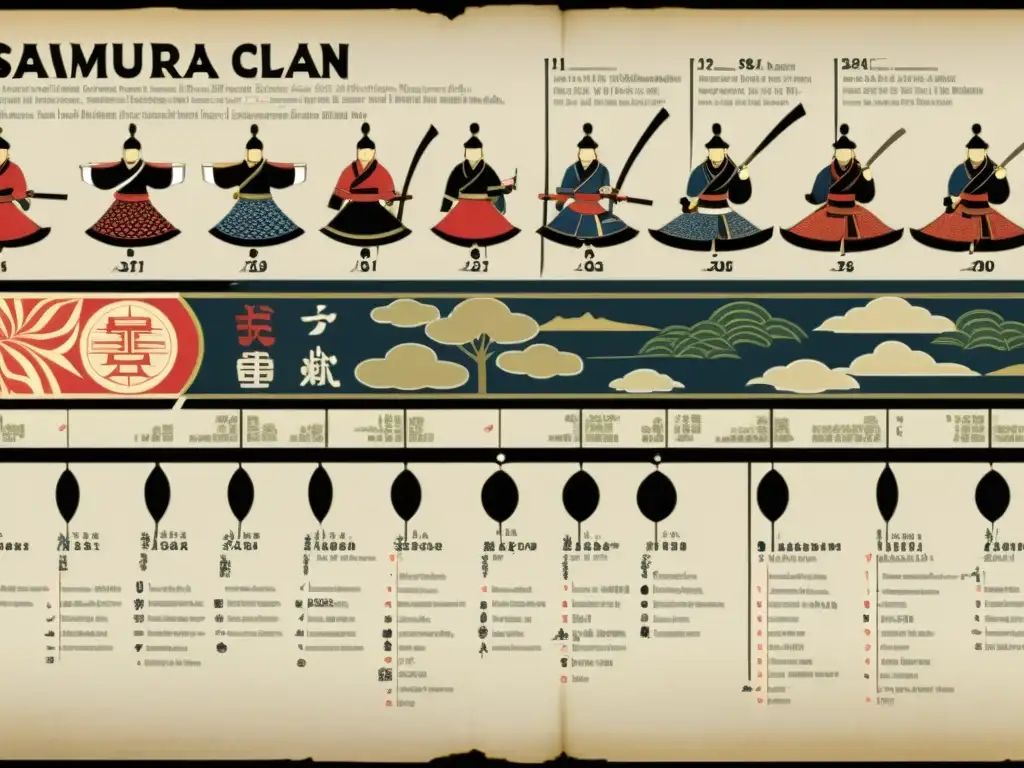 Detalle de la evolución de los emblemas samurái clan durante el período Kamakura, con diseños intrincados y ornamentados