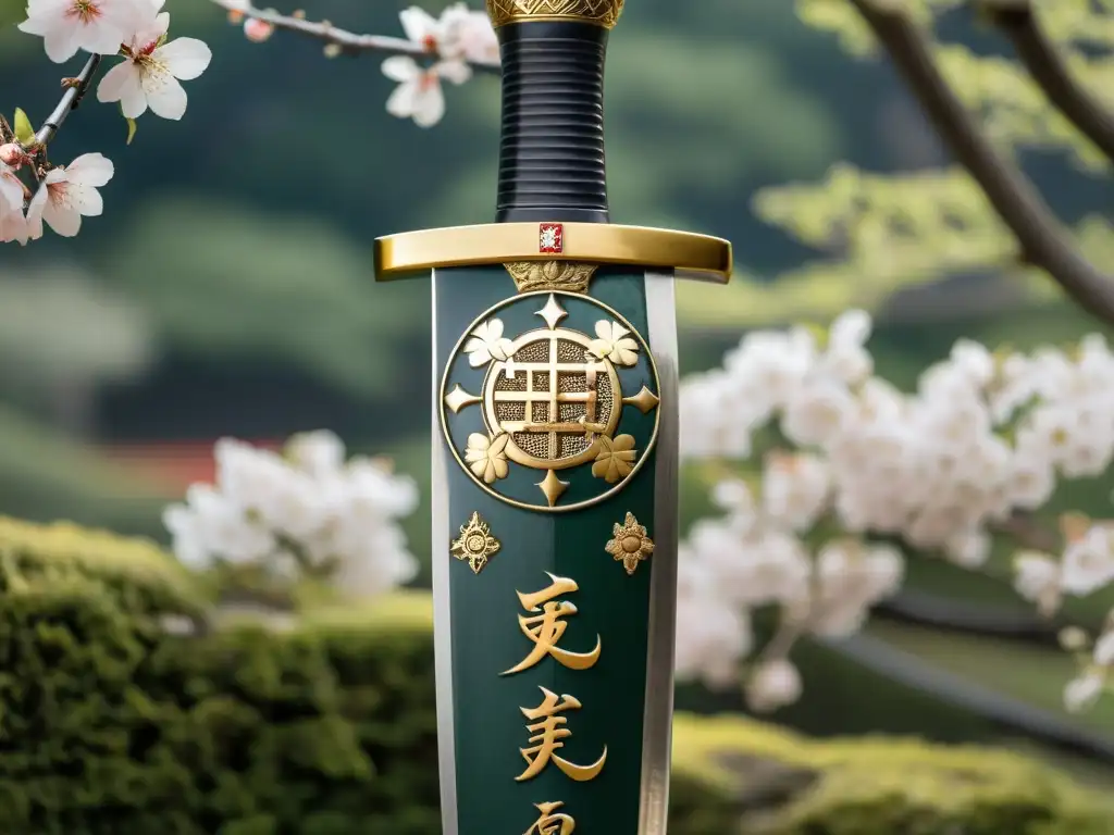 Detalle de empuñadura de katana con escudo portugués, en jardín japonés con cerezos en flor