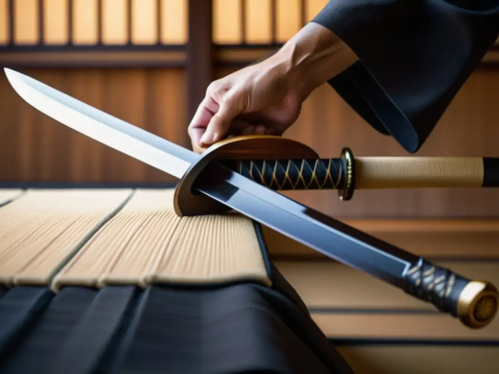 Equilibrio perfecto: Detalle de espada samurái y bokken en dojo Detalle de equilibrio y precisión en el entrenamiento samurai con espadas de madera y acero, evocando disciplina y maestría en el arte marcial