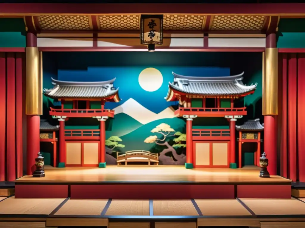 Detalle de escenario de teatro Kabuki con estética samurai en dramaturgia kabuki, resaltando la fusión de arte, cultura y tradición japonesa