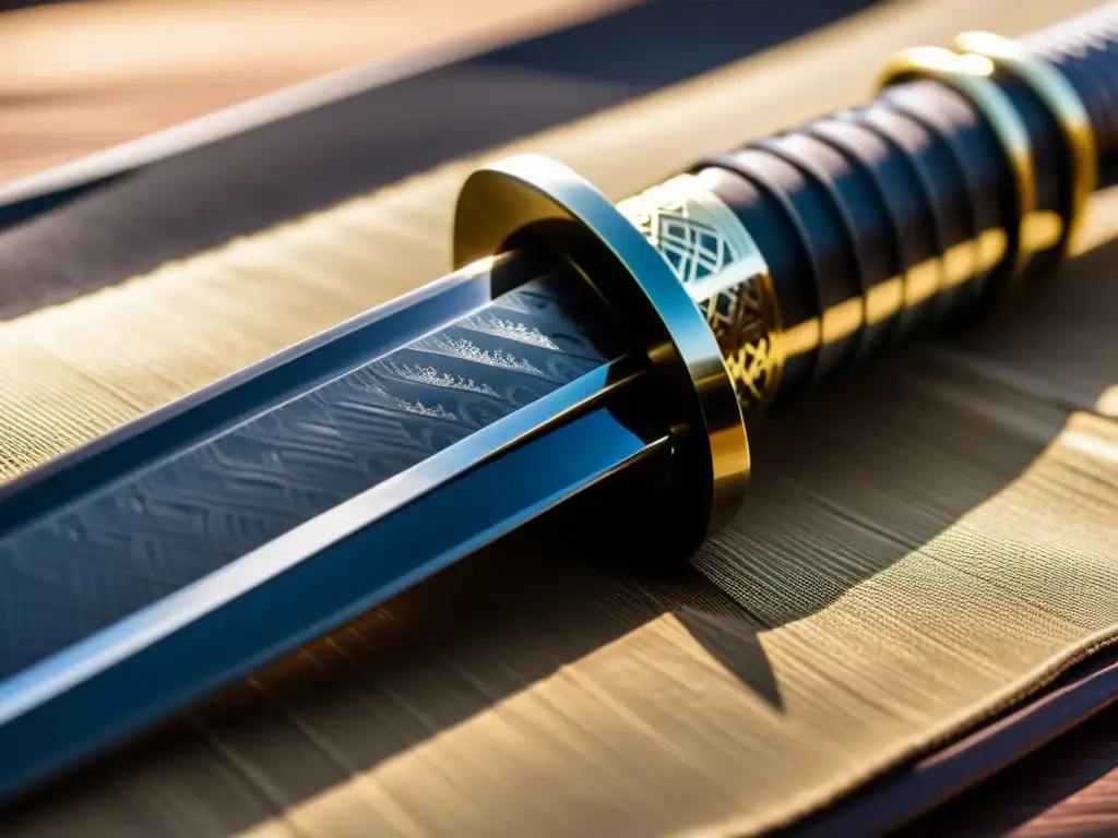 Detalle de una espada katana samurái con hoja brillante al sol y tsukamaki desgastado