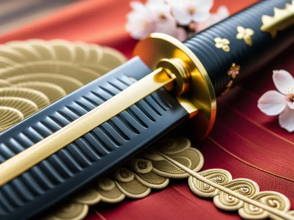 Detalle de la espada samurái japonesa wakizashi, con diseño de cerezos y patrón ondulado