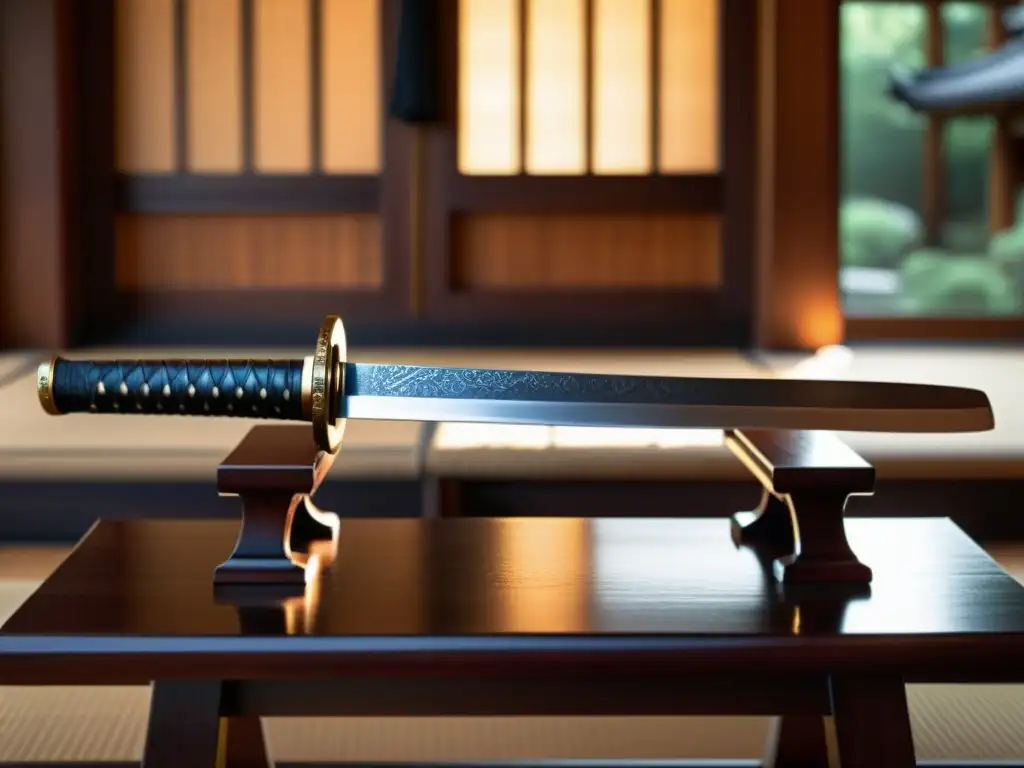 Detalle de una espada samurái sobre un soporte de madera tradicional en un dojo, reflejando la ética del entrenamiento marcial