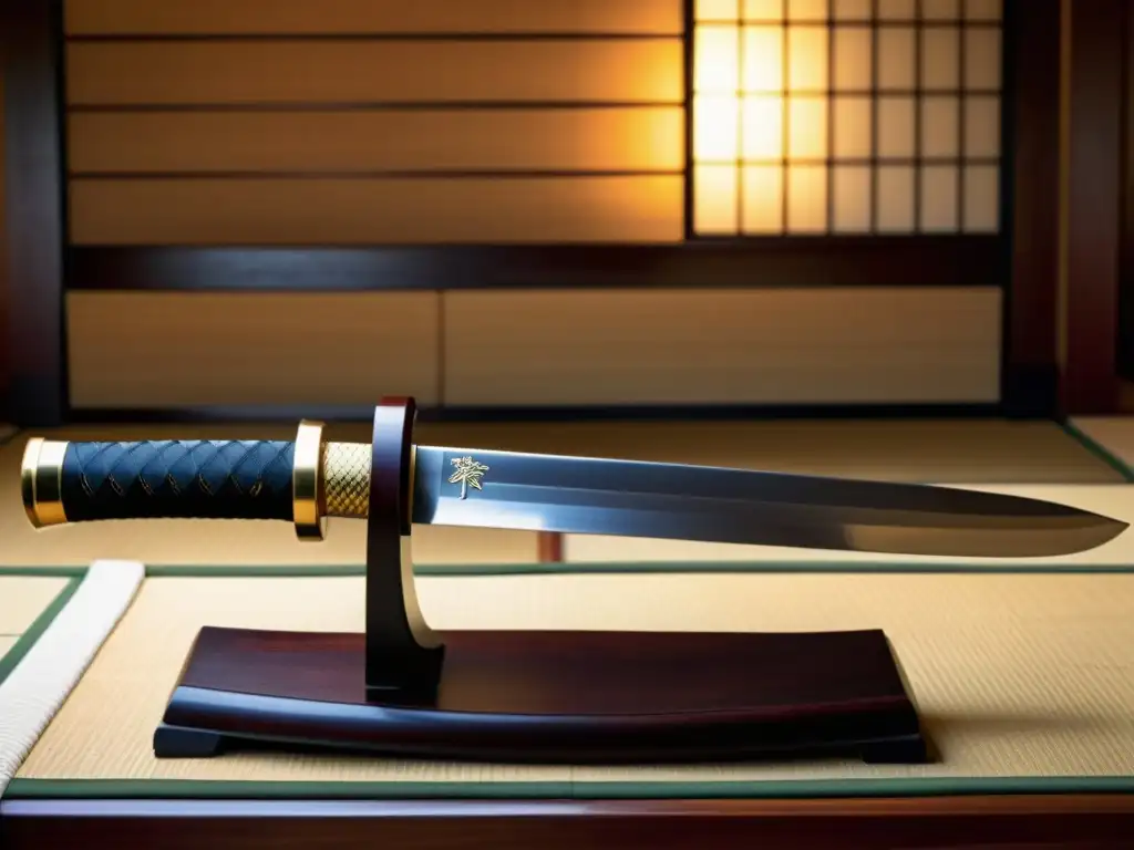 Detalle de estrategia samurái con wakizashi en un entorno tradicional japonés, evocando reverencia y artesanía