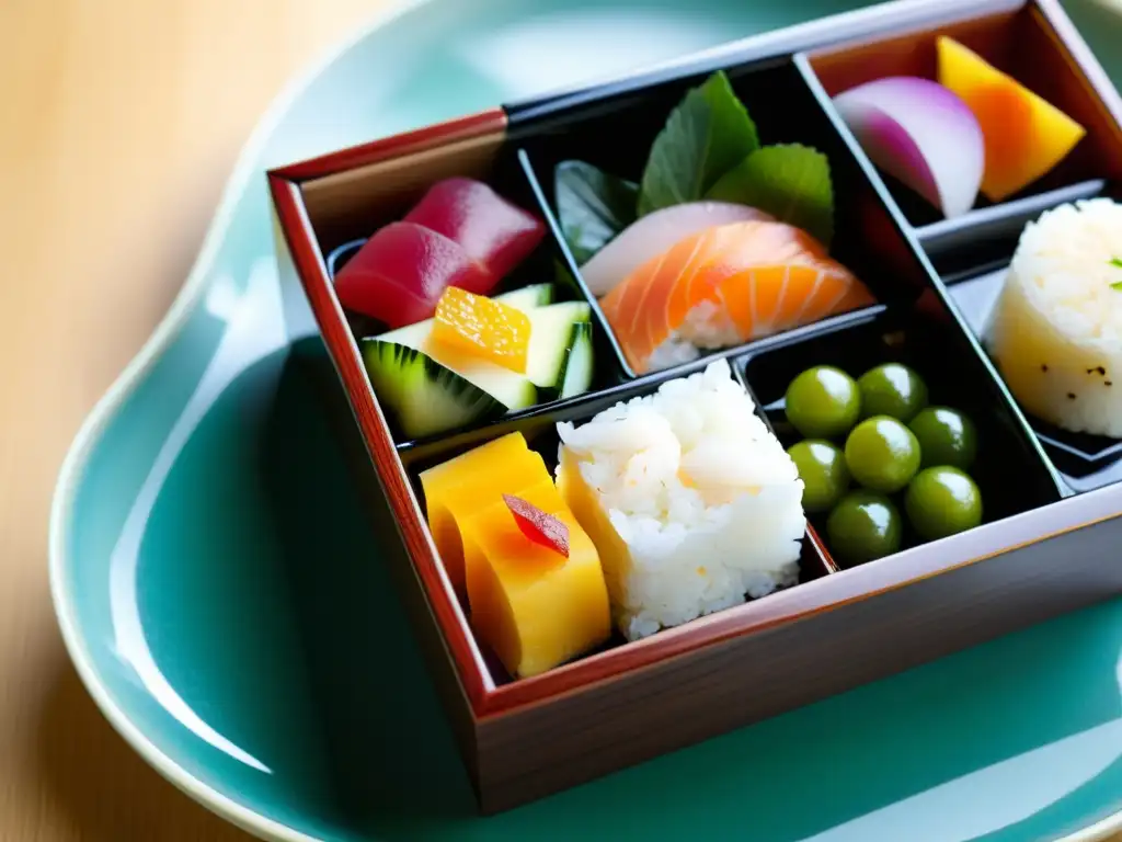 Detalle excepcional de un bento japonés tradicional con ingredientes vibrantes y artesanía samurái para una dieta impactante en salud y longevidad