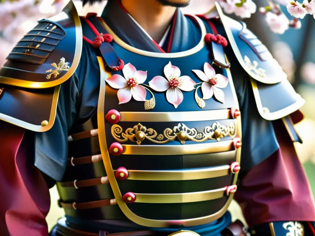 Detalle excepcional del romántico arte samurái en una armadura con motivos de flor de cerezo