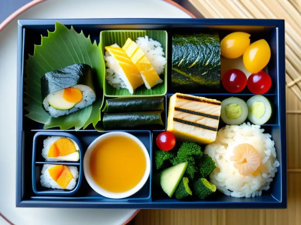 Detalle de exquisita caja bento japonesa con ingredientes variados que reflejan la dieta y nutrición del samurái