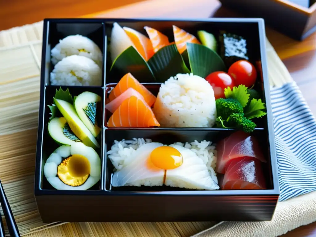 Detalle de una exquisita caja bento samurái, muestra la estética cultural de la gastronomía samurái en una composición vibrante y meticulosa