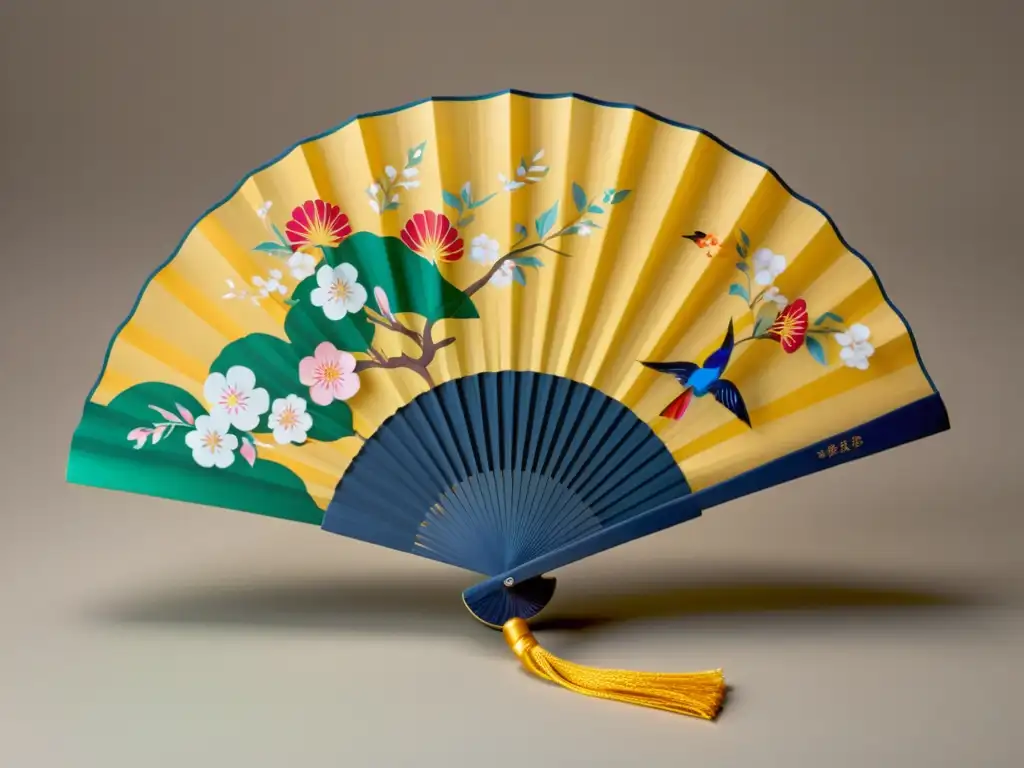 Detalle de un exquisito abanico japonés 'uchiwa' desplegado con motivos florales y aves, en colores vibrantes