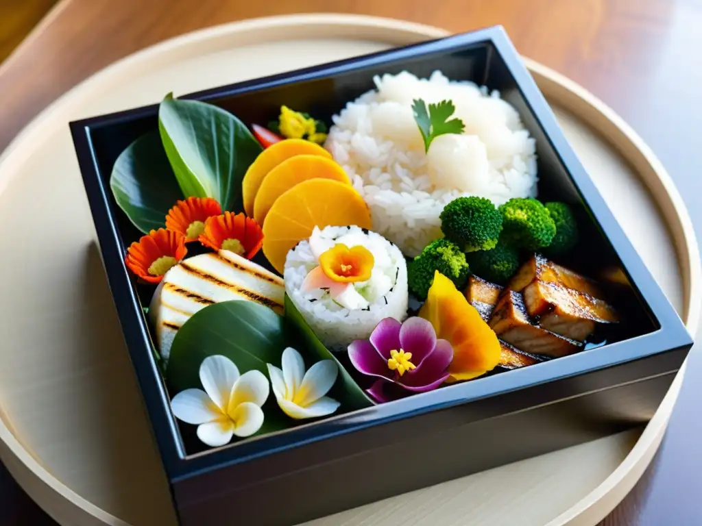 Detalle de un exquisito bento japonés tradicional, con una variedad de vegetales vibrantes, pescado a la parrilla y arroz moldeado