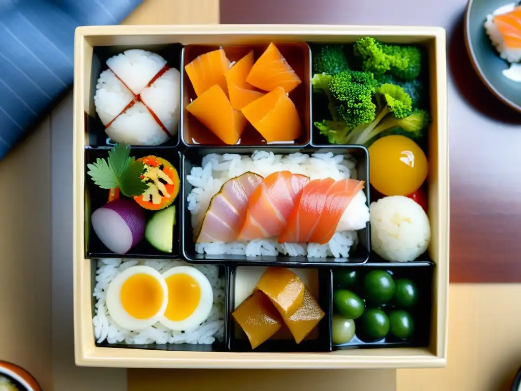 Detalle de un exquisito bento japonés en festivales samuráis, con sashimi, onigiri y miso