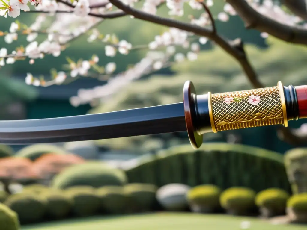 Detalle exquisito de una naginata japonesa en jardín de cerezos, evocando el Naginatajutsu en artes marciales contemporáneas