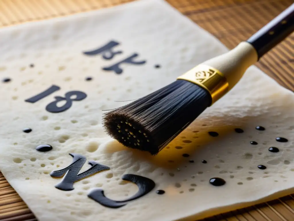 Detalle exquisito de pincel de samurái suspendido sobre papel, capturando la estética del haiku en samurái con kanji y gotas de tinta en el aire