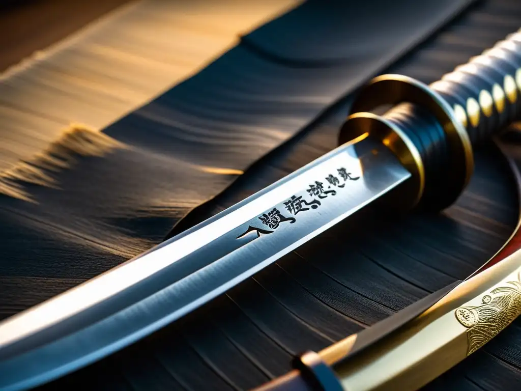 Detalle fascinante de la firma grabada en una katana japonesa, evocando la maestría y tradición del herrero