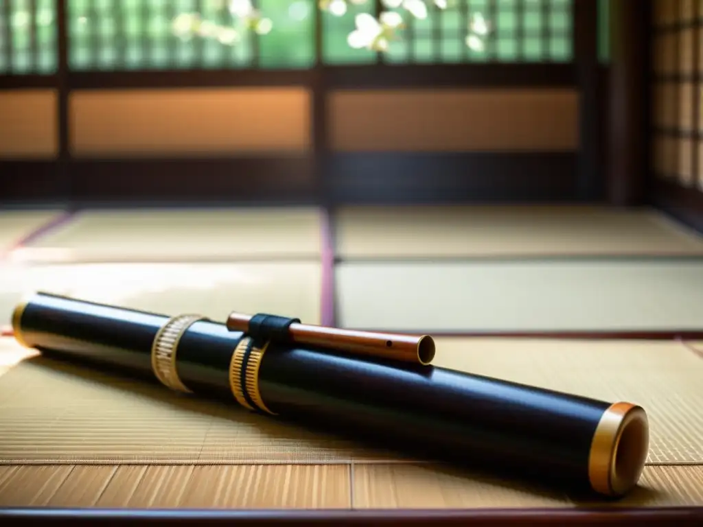 Detalle de la flauta shakuhachi sobre pétalos de cerezo, con luz suave en una habitación tatami