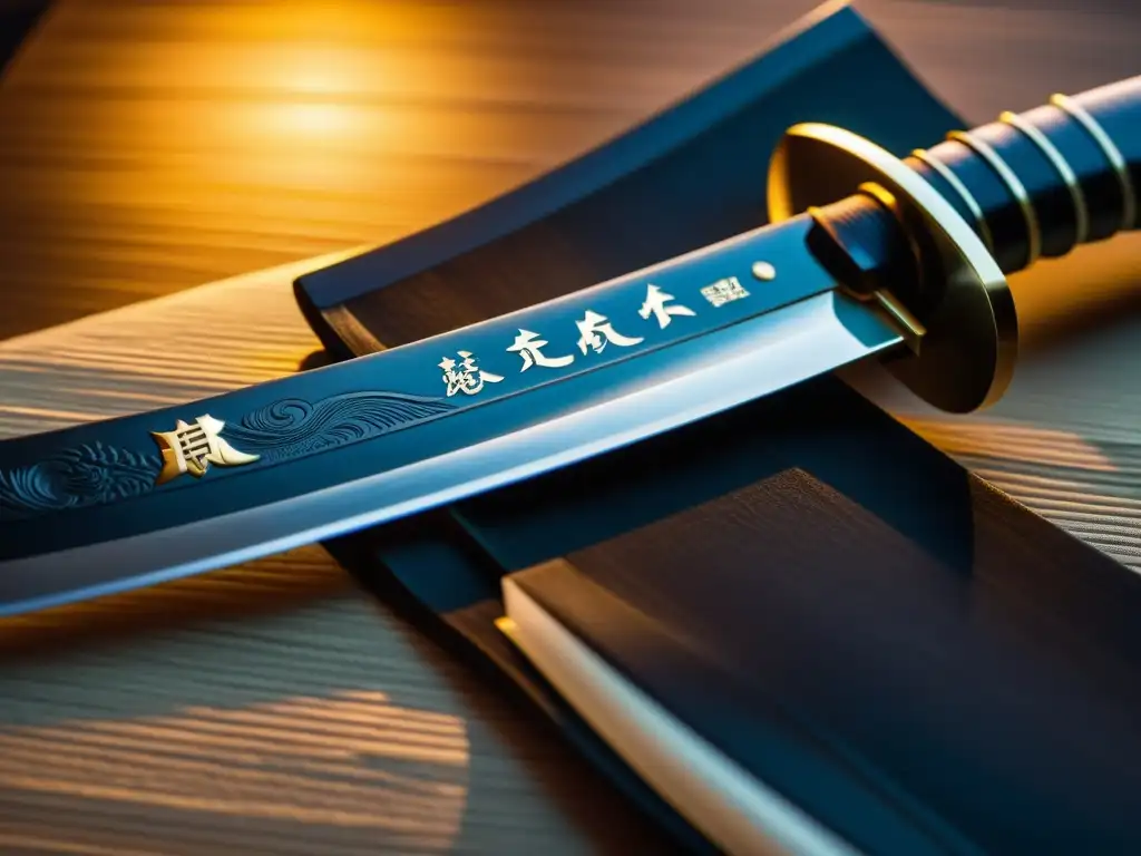 Detalle del grabado en la hoja de la katana, resaltando los significados de las inscripciones y la artesanía japonesa