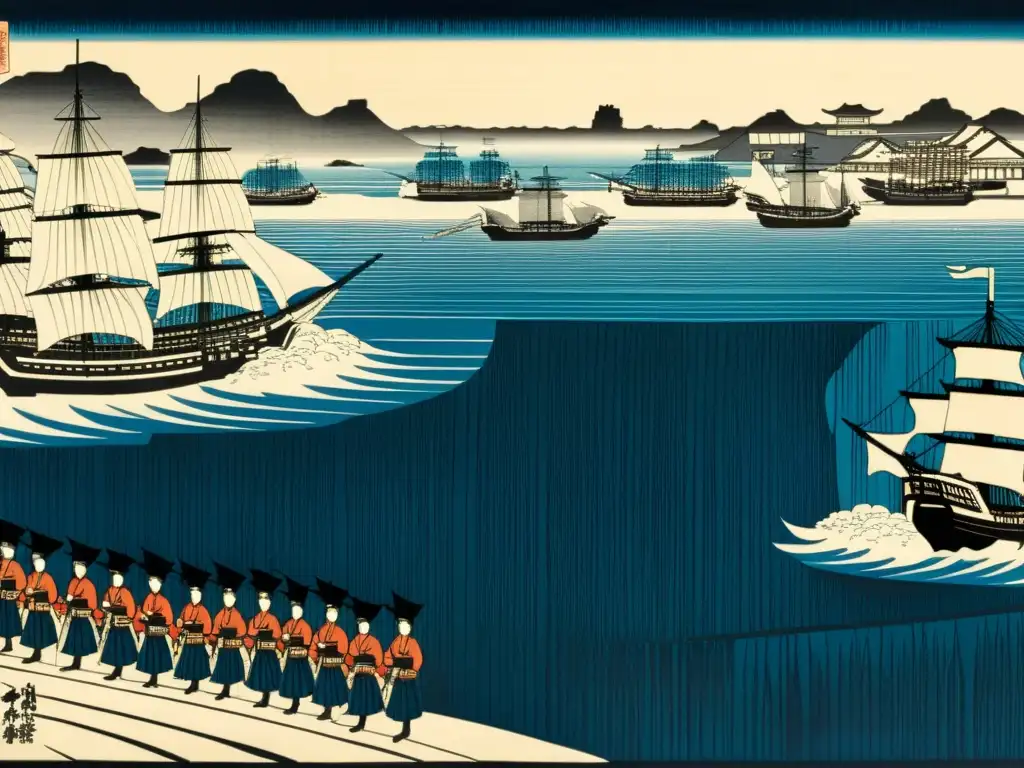 Detalle de grabado japonés: llegada de los 'Barcos Negros' de Perry a la bahía de Edo, simbolizando la caída del Shogunato y la tecnología occidental