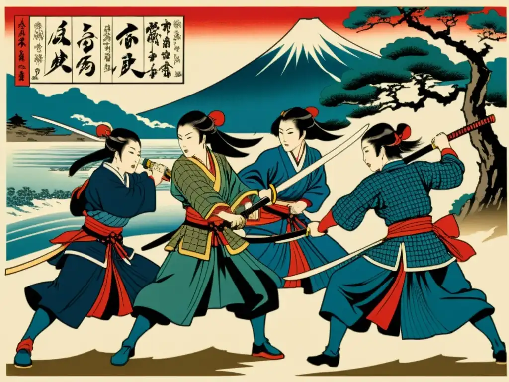 Detalle de grabado japonés que muestra a mujeres samurái en combate, destacando su fuerza y habilidad en la literatura feudal