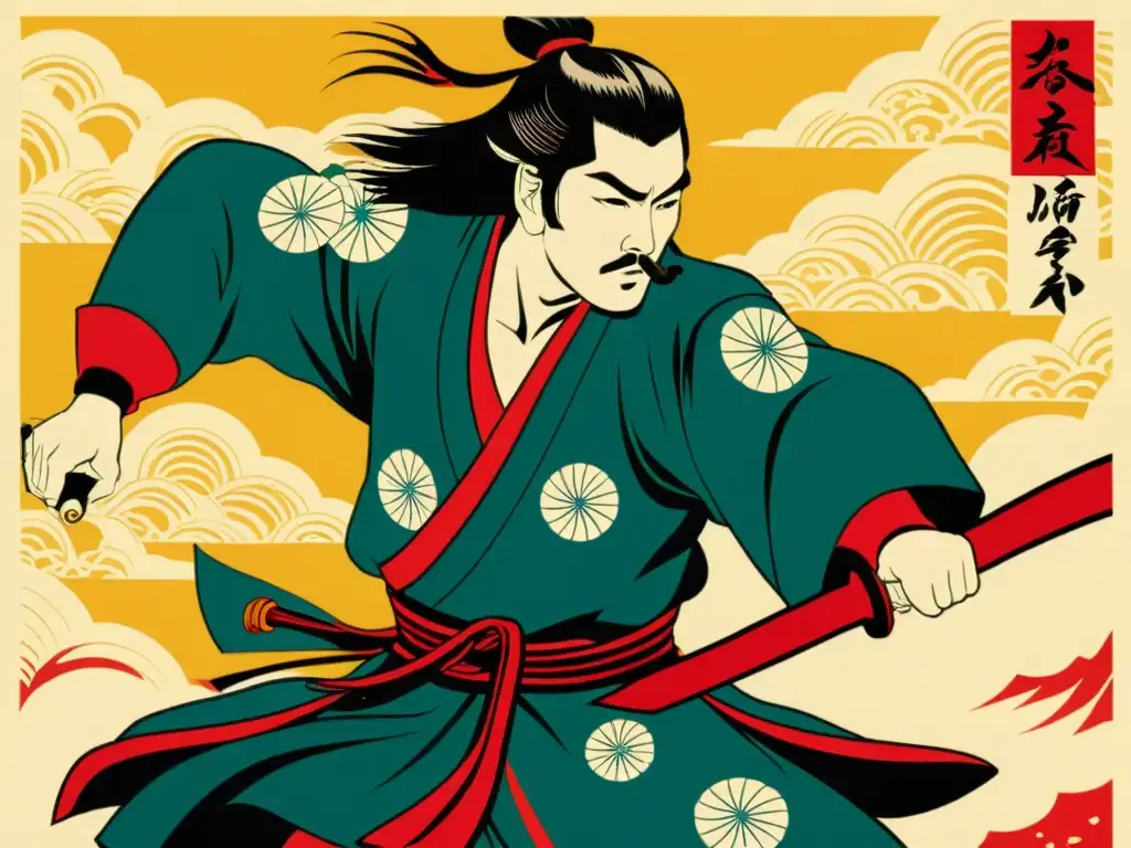 Detalle de grabado Ukiyoe samurái en pose dinámica, destacando la destreza artística y tradición japonesa