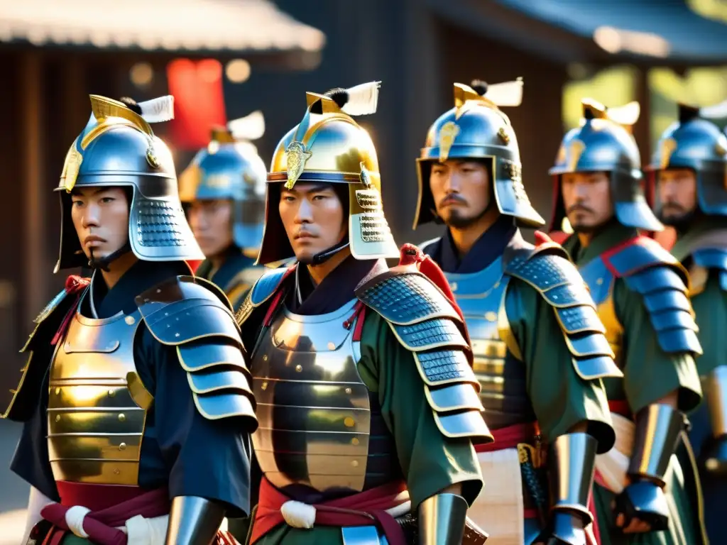 Samuráis del Shinsengumi en Formación Detalle de la guardia samurái Shinsengumi en armadura tradicional, listos para la batalla en una ciudad histórica japonesa
