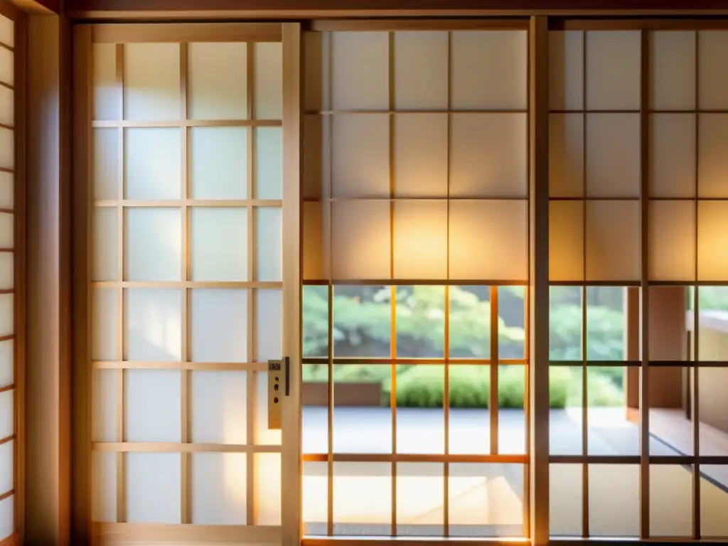 Detalle de una hermosa puerta Shoji: puertas japonesas tradicionales con elaborado trabajo de celosía de madera y paneles de papel de arroz, iluminados por una suave luz natural