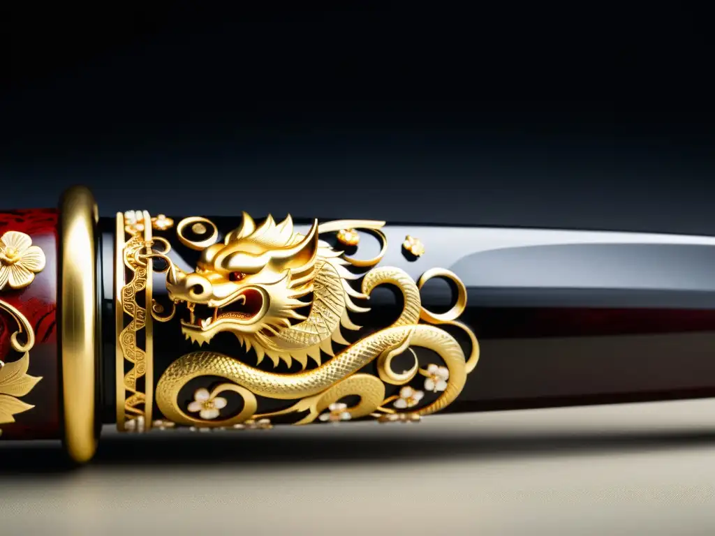 Detalle de la ornamentación de los Tanto históricos en oro, con motivos japoneses y dragones, resaltando la exquisitez del arte