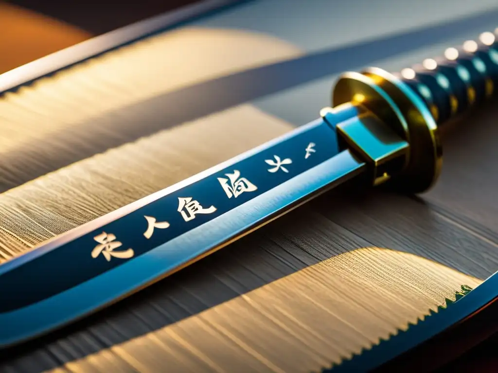 Detalle de la hoja de katana japonesa, con marcadas y firmas de espadas samuráis, reflejando su artesanía y significado histórico