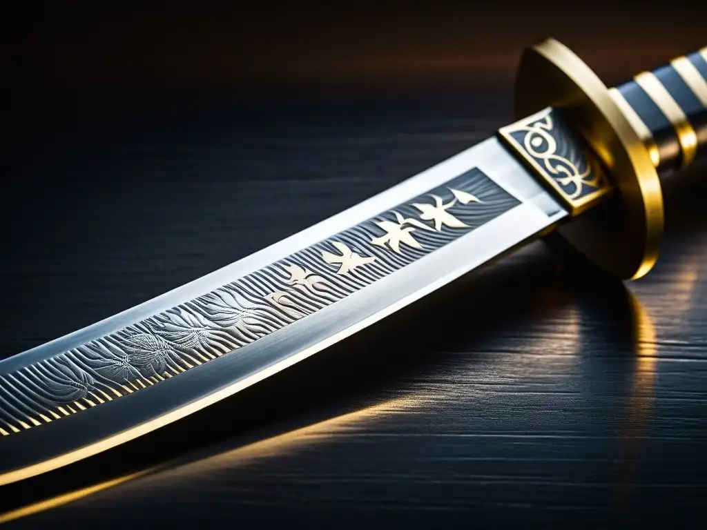 Detalle de una hoja de katana japonesa con marcas y firmas, resaltando la artesanía y la historia de las espadas samuráis