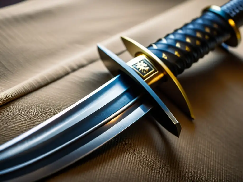 Detalle de la hoja de katana japonesa, mostrando el patrón del acero plegado