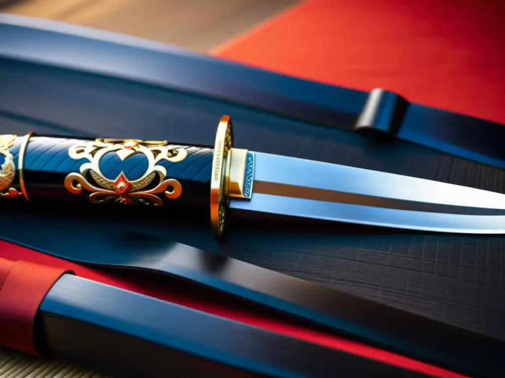 Detalle de la hoja y el mango de un naginata, reflejando la artesanía del arte del Naginatajutsu samurái tradición en un dojo