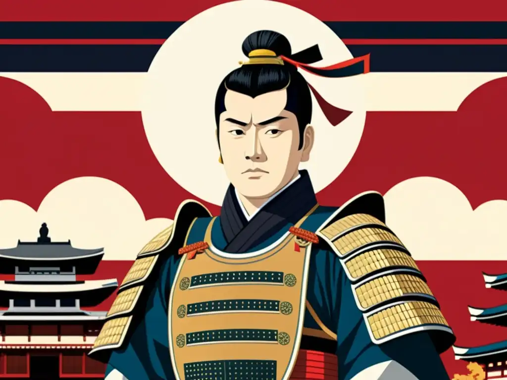 Detalle ilustrado de la imponente figura de Tokugawa Ieyasu presidiendo una Japón unificado