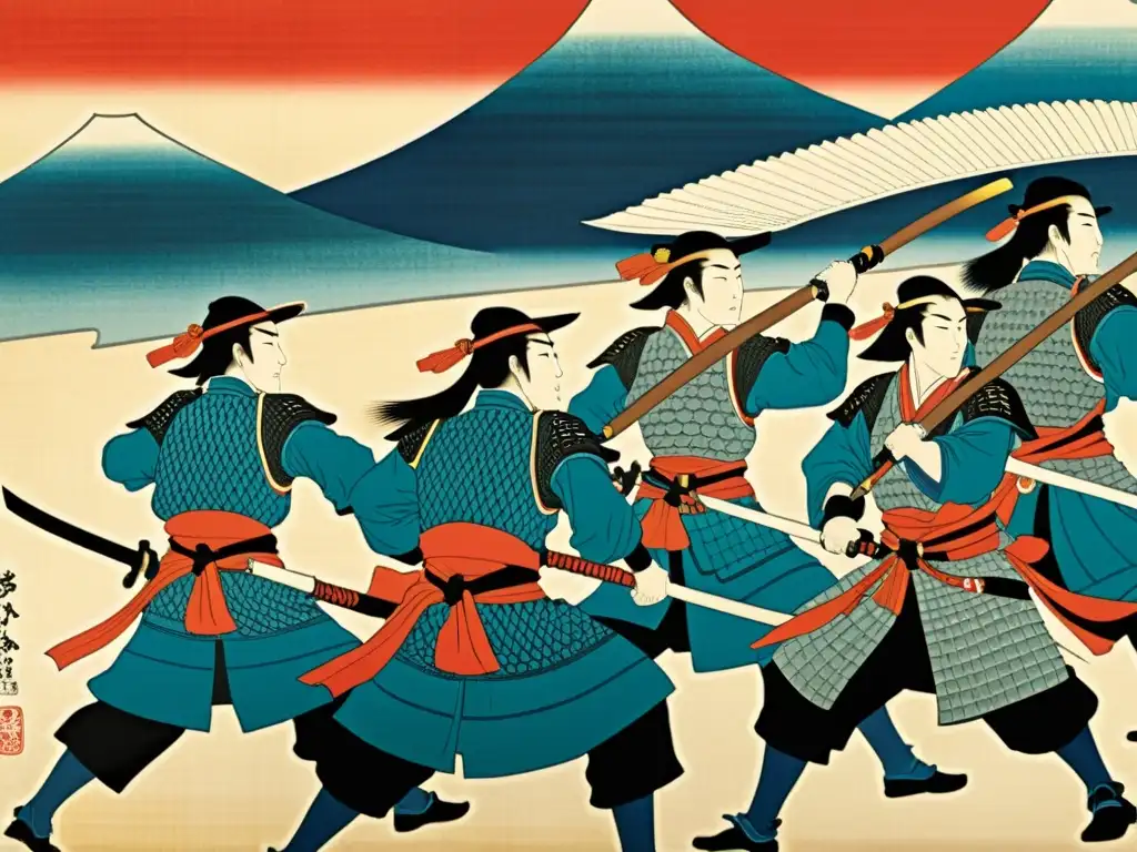 Detalle impactante del arte ukiyo-e samurái, con vivos colores y expresiones que transmiten autenticidad histórica