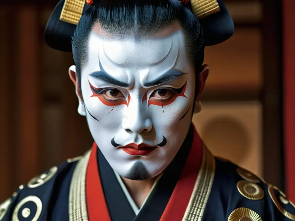 Detalle impresionante: Actor Kabuki en atuendo samurái, maquillaje impactante