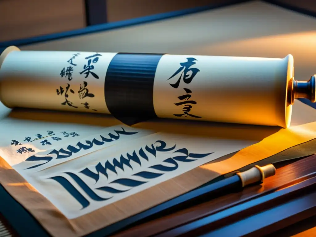 Detalle impresionante del antiguo pergamino iluminado con caligrafía del 'Hagakure' y elementos tradicionales japoneses