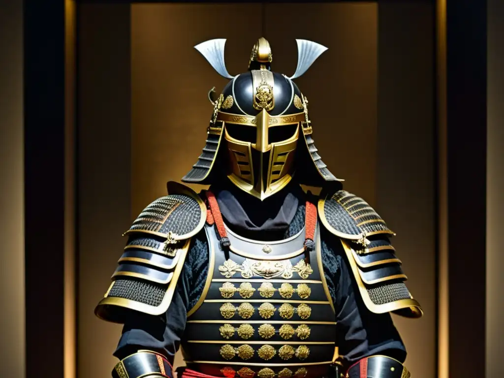 Detalle impresionante de la armadura y espada samurái en museo, evocando la economía samurái en el Japón feudal