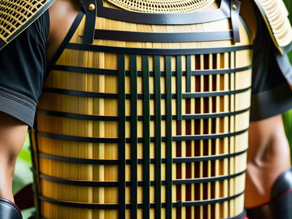 Armadura de samurái de bambú: detalle impresionante Detalle impresionante de armadura samurái hecha de bambú y cuero, resaltando la innovación en materiales inusuales en equipamiento samurái