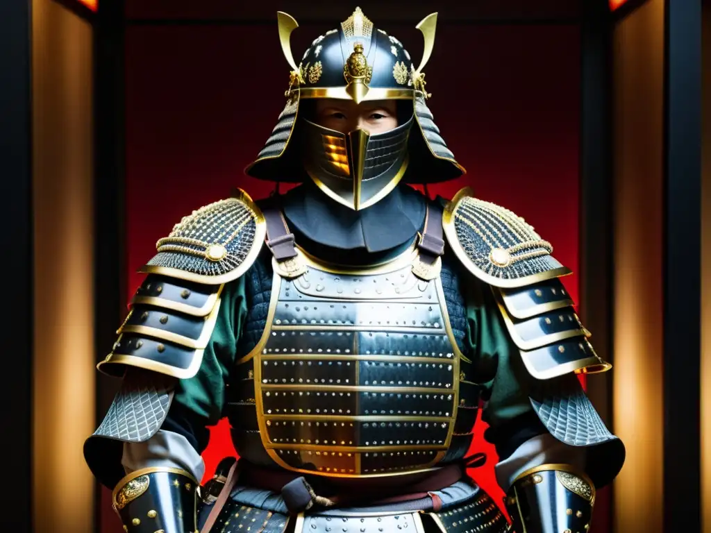 Detalle de la impresionante armadura samurái de Tokugawa Ieyasu en un museo con iluminación tenue, mostrando artesanía única y poder histórico