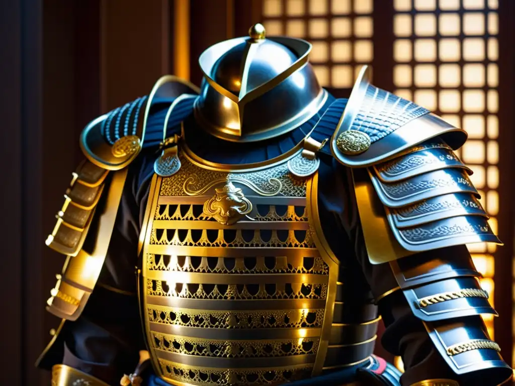 Detalle impresionante del armadura samurái tradicional iluminada por el sol, exhibida en un museo