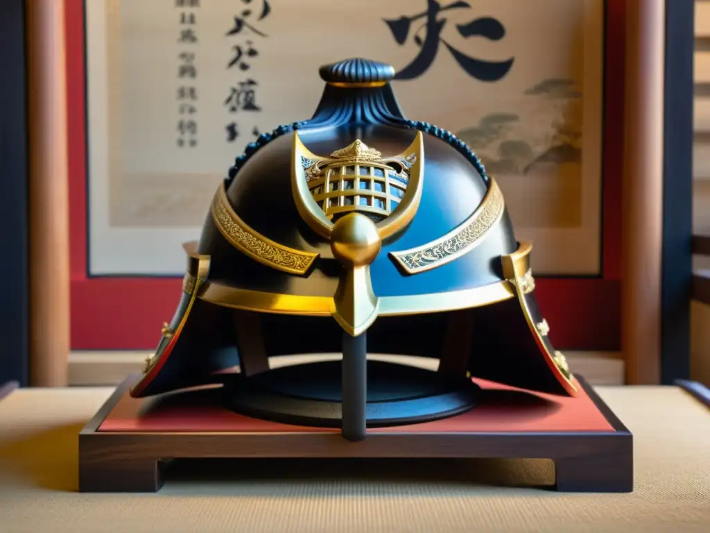 Detalle impresionante de un casco samurái tradicional en un soporte de madera, con caligrafía japonesa antigua de fondo