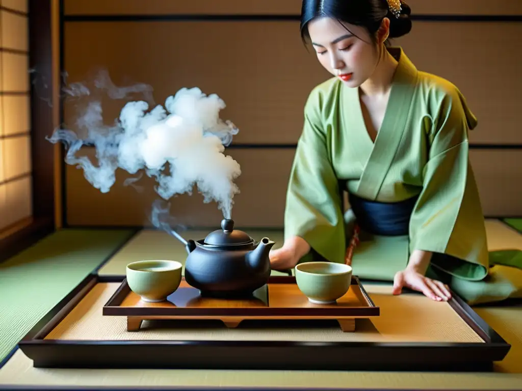 Detalle impresionante de una Ceremonia del té en la cultura samurái: elegancia y serenidad en una habitación de tatami iluminada con luz natural